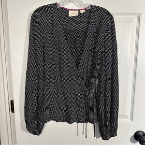 Maeve Anthropologie black/white polka dot wrap blouse, sz 8, long sleeves, fall
